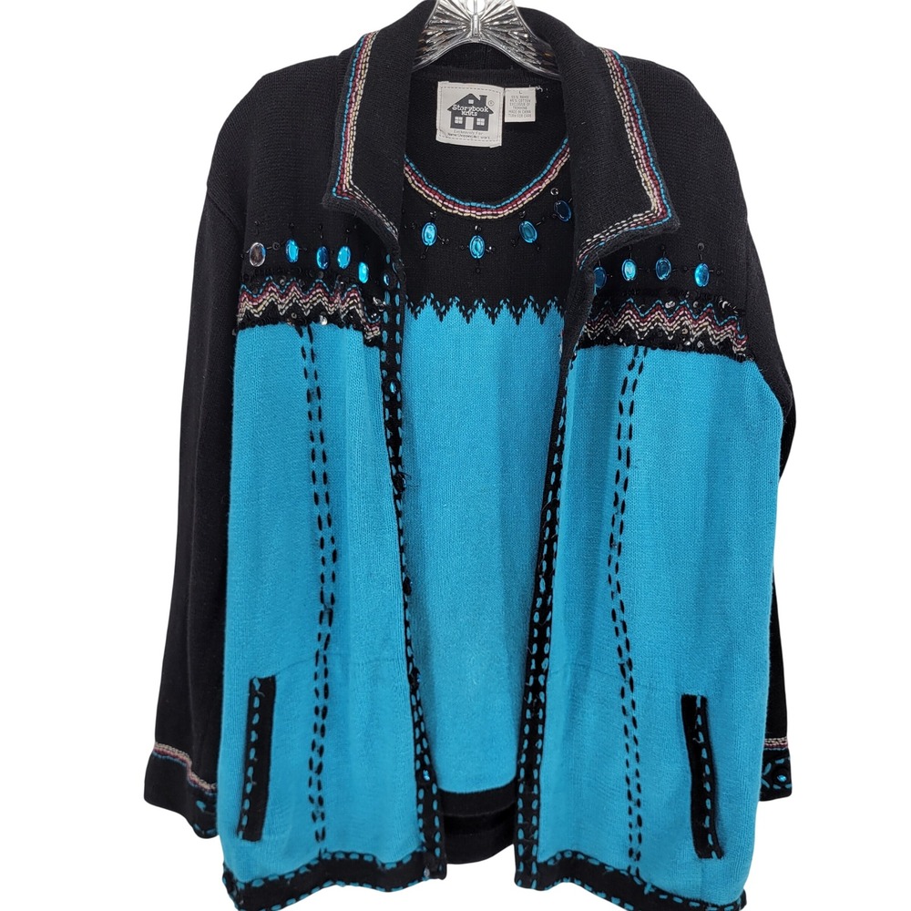VTG Storybook Knits Vintage 2pc Sweater Set Cardigan Shell Blue Black Jeweled L